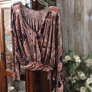 Free People Paisley Wrap Blouse in Brown and Black